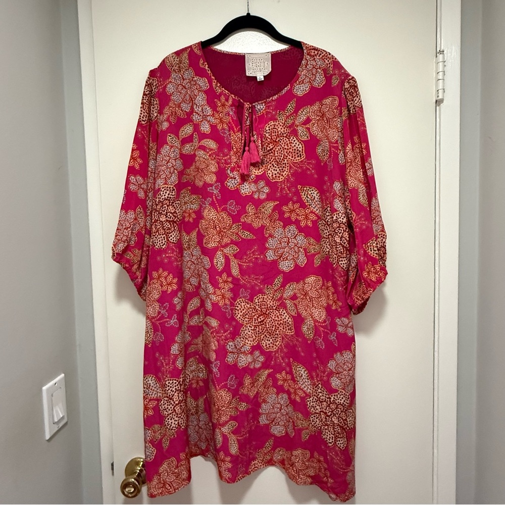 Johnny Was brand Bright Pink Floral Tunic with Tassel Neck